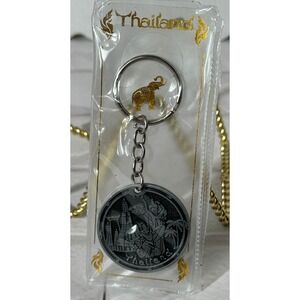 Thailand Souvenir Keychain Lucky Elephant Temple Scenic Design Pewter
